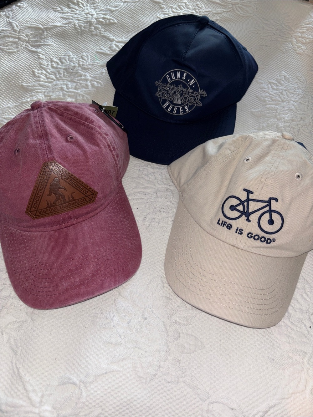 Life Is Good Beige Bicycle Logo Cap with Navy and Burgundy Hat Trio